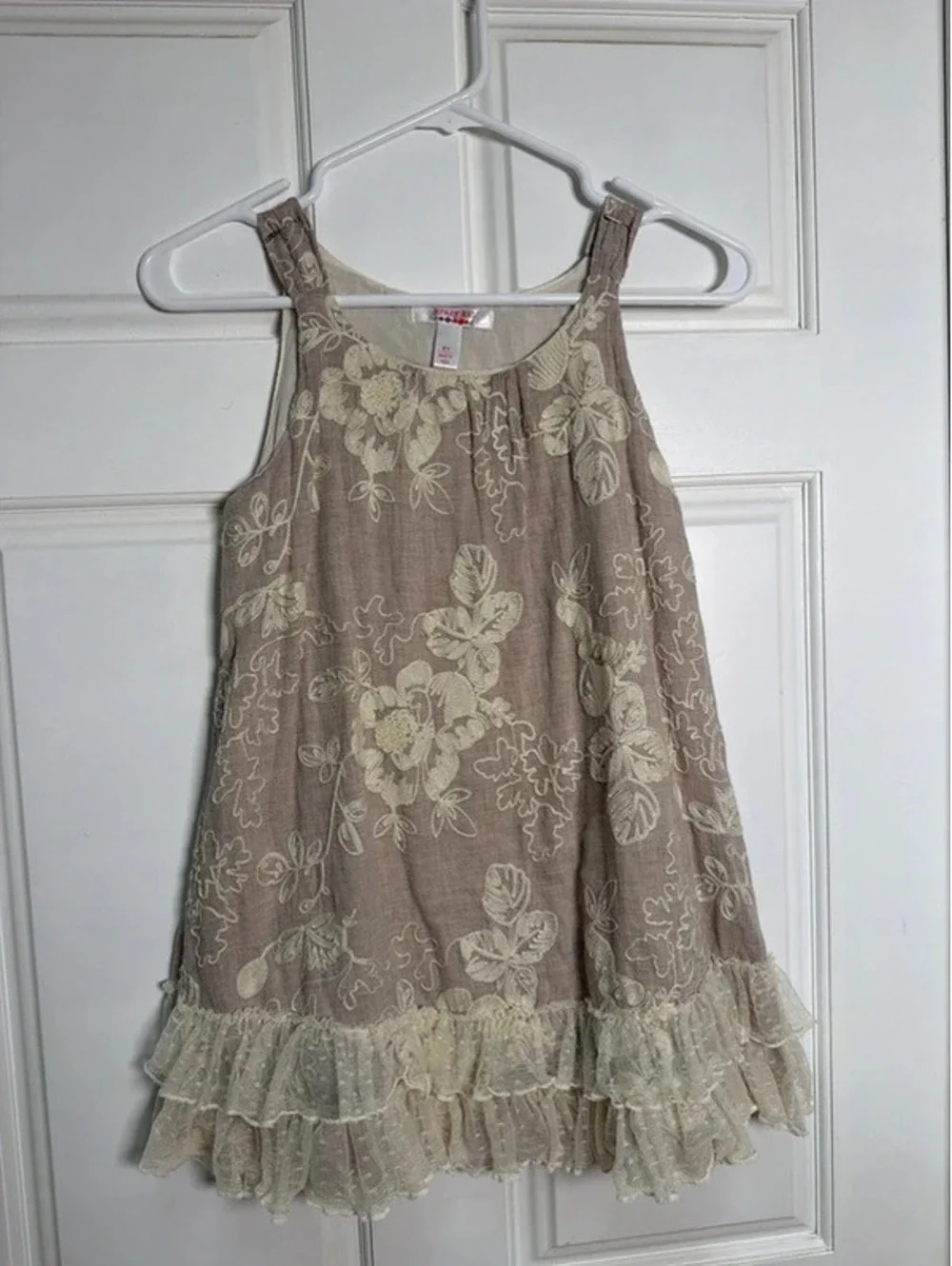 Boutique Boho Hippy Lace Floral Ruffle Embroidered Tan Cream Dress